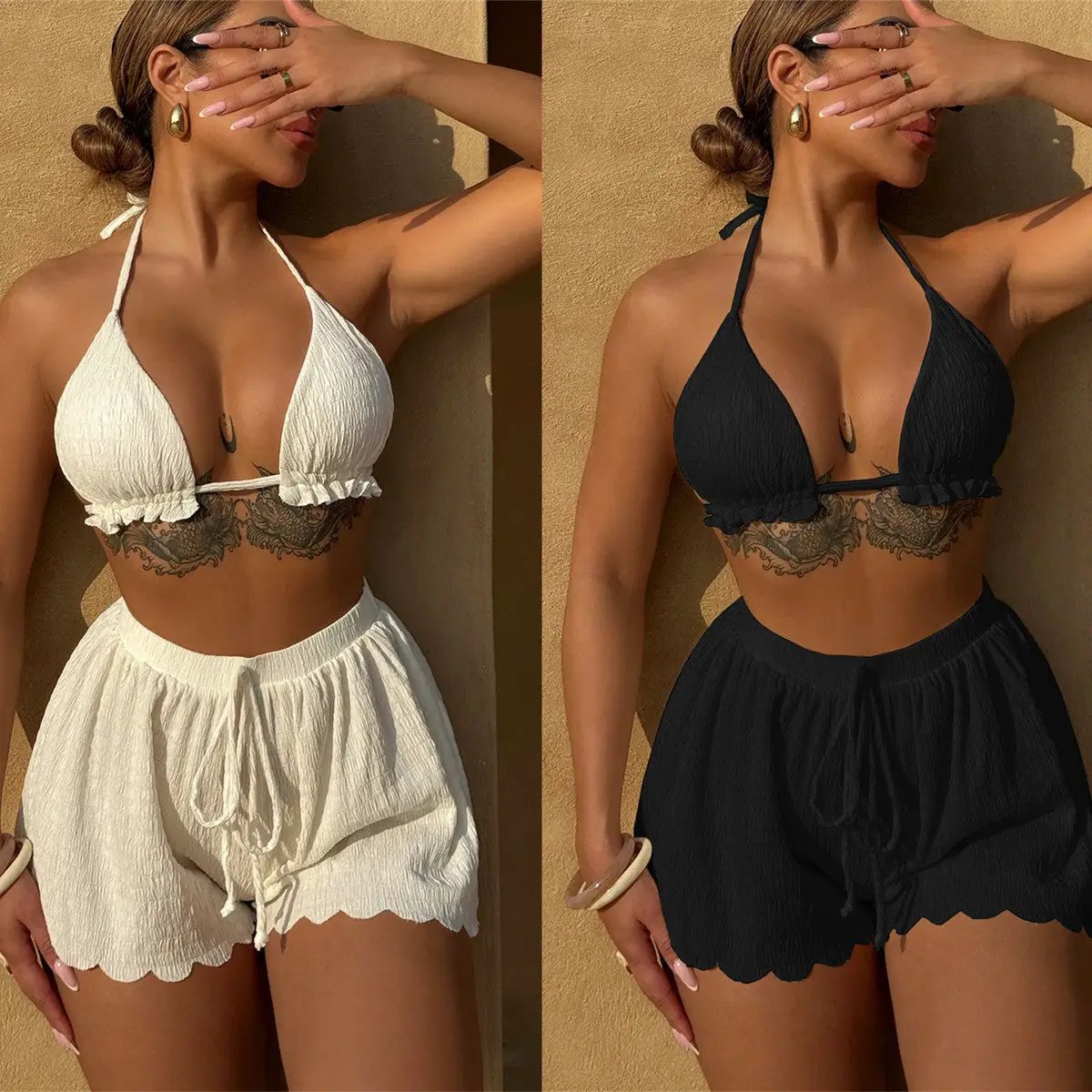 Three-Piece Bikini Solid Color Sexy Womens Two-Piece Swimsuit by GJG Denim