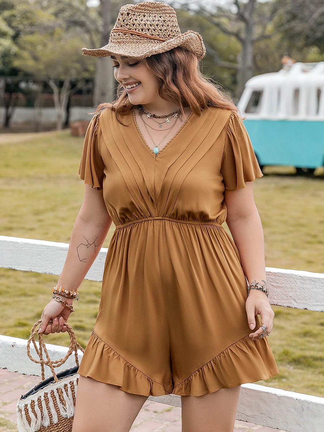 Plus Size Ruffled V-Neck Short Sleeve Romper by Lady Ros