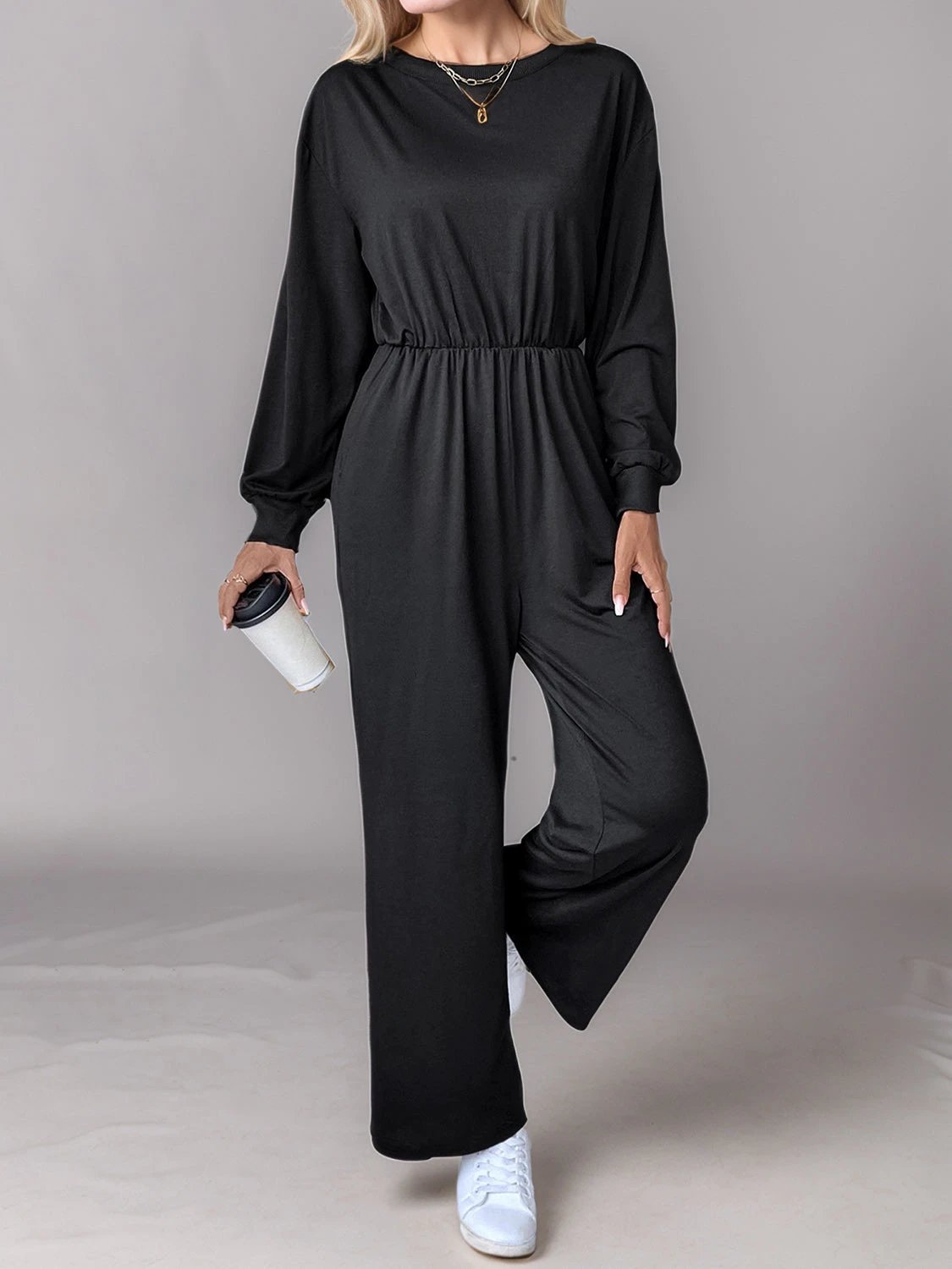 Tied Round Neck Wide Leg Jumpsuit by Lady Ros