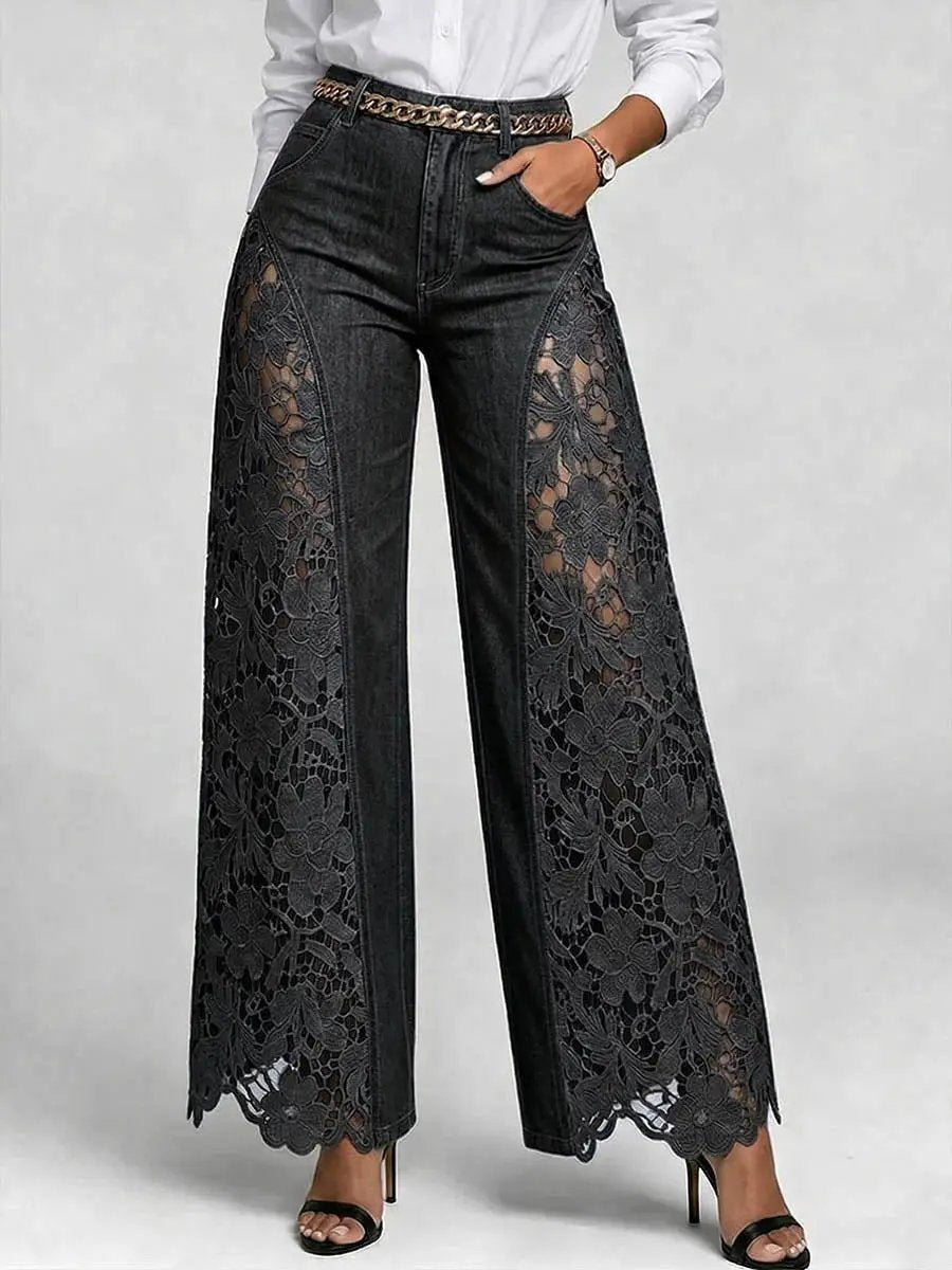 High-waisted Wide-leg Pants Womens Lace-panelled Jeans by GJG Denim