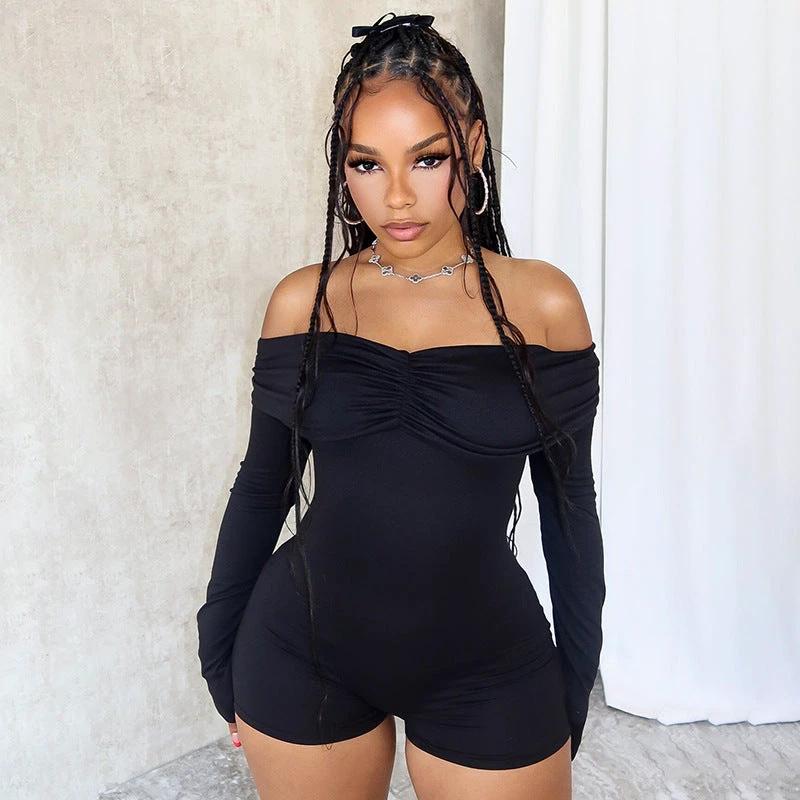 Women's Off-shoulder Pleating Long Sleeve High Waist One-piece Shorts by GJG Denim
