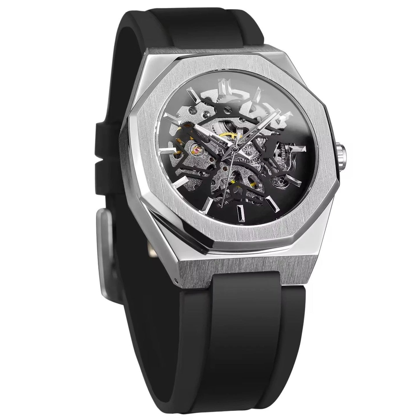 Casual Silver Hollow Skeleton Rubber-band Automatic Mechanical Watch For Men by GJG Denim