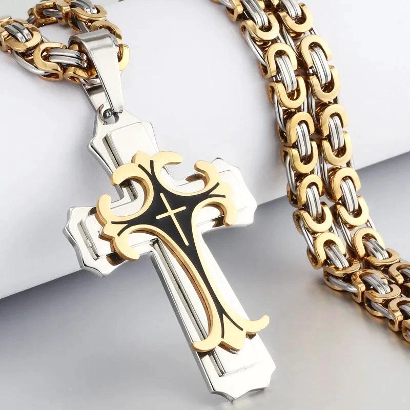 Christian Trinity Latin Cross Necklace For Men Stainless Steel Three Layers by GJG Denim