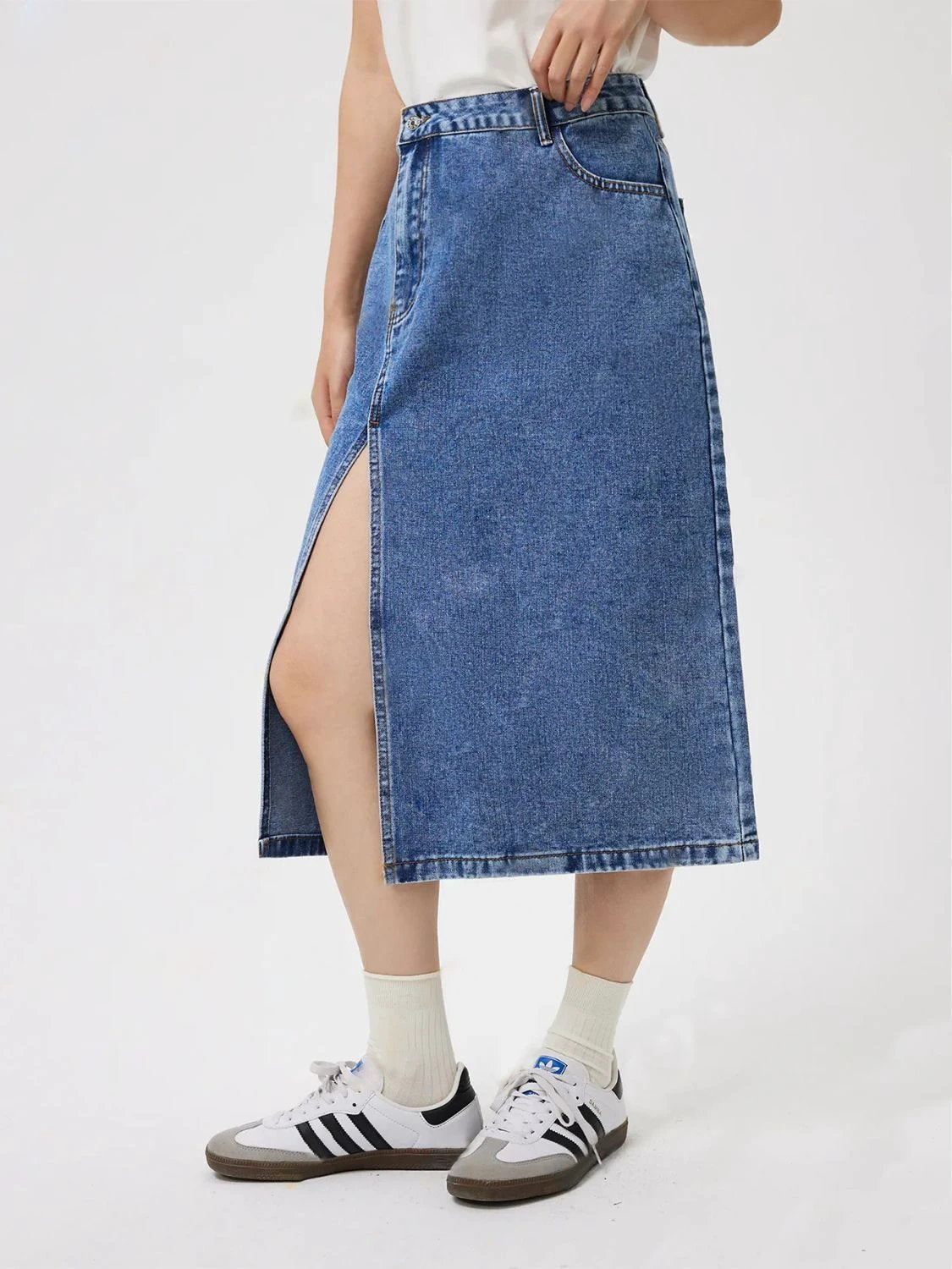 Slit Midi Denim Skirt with Pockets by Lady Ros