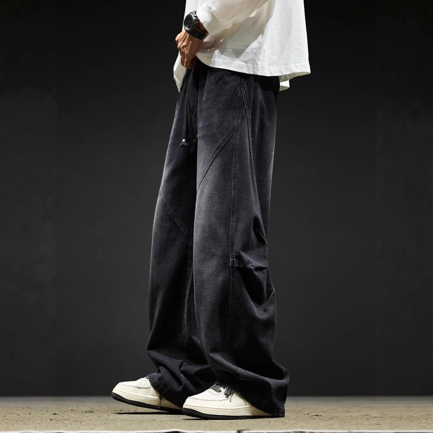 Retro Washed Casual Loose Wide-Leg Cargo Pants For Men by GJG Denim