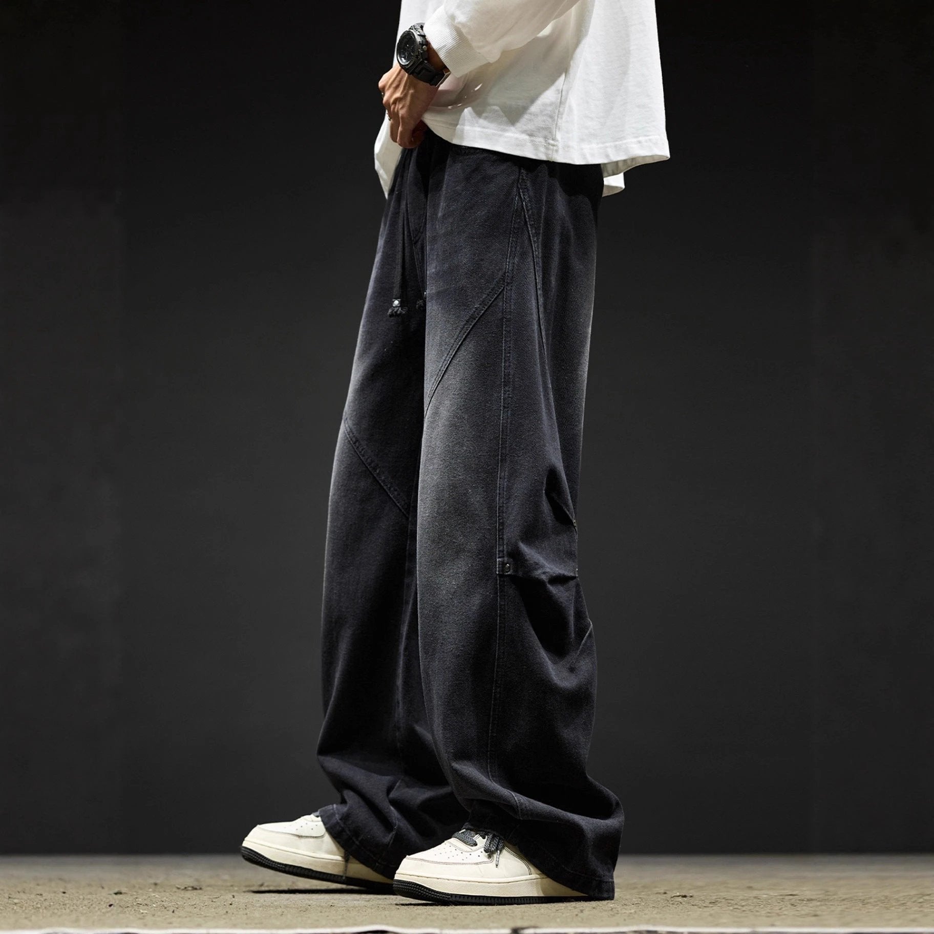 Retro Washed Casual Loose Wide-Leg Cargo Pants For Men by GJG Denim