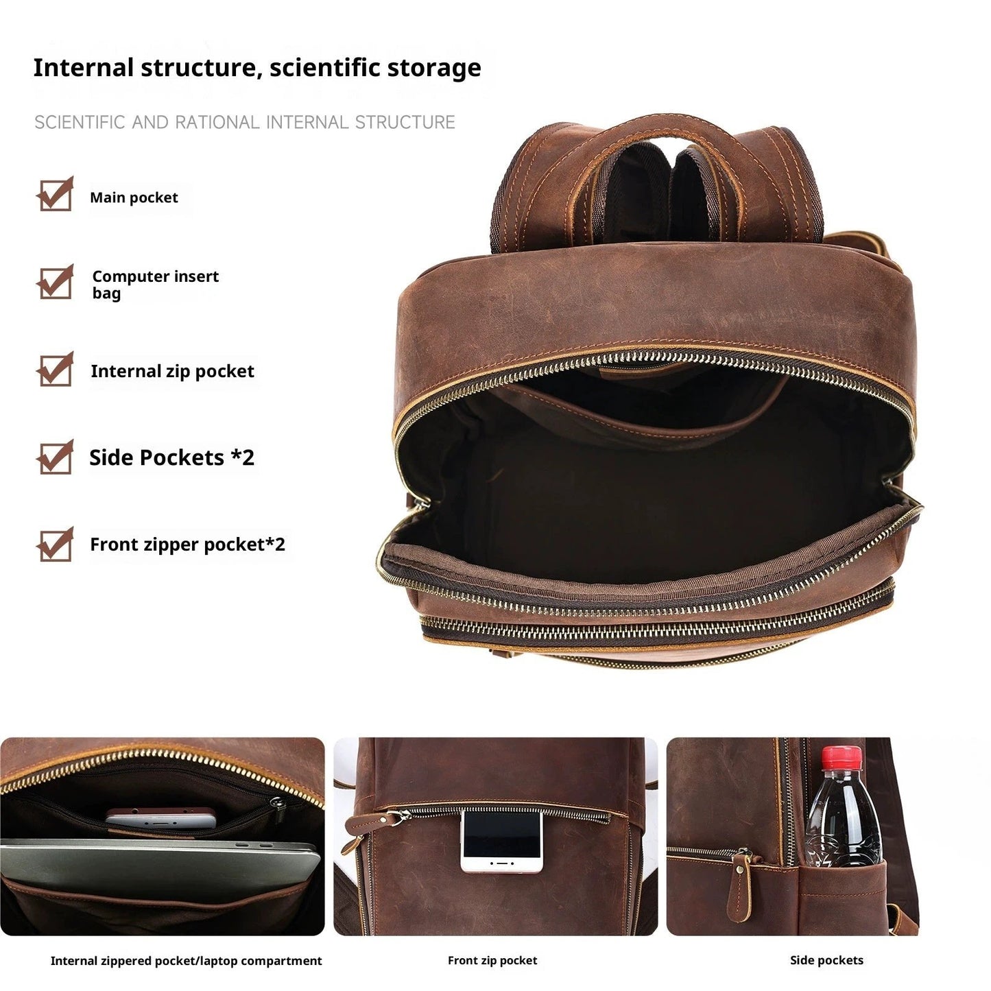 Men's Large Capacity Leather Backpack by GJG Denim