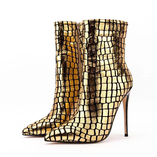 New Stiletto Heel Square Plaid Ankle Boots by GJG Denim