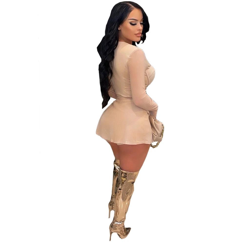Gauze Mesh Sheer Two Piece Sportswear Women Zip Top Black Shorts Set by GJG Denim