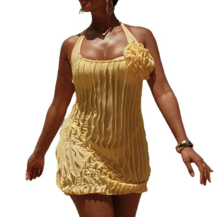 Women's Hanging Neck Pleated Flower Dress by GJG Denim