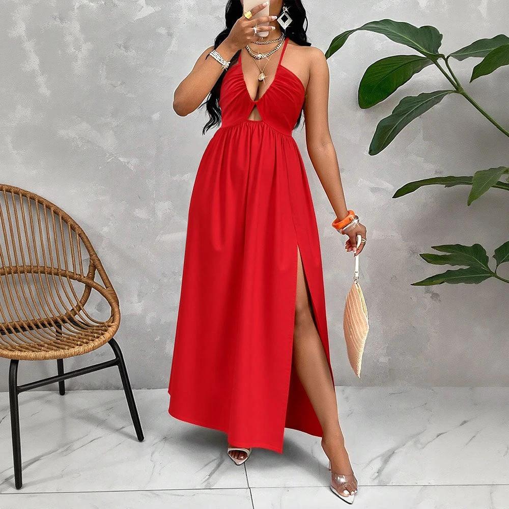 Deep V-neck Drawstring Halter Dress by GJG Denim