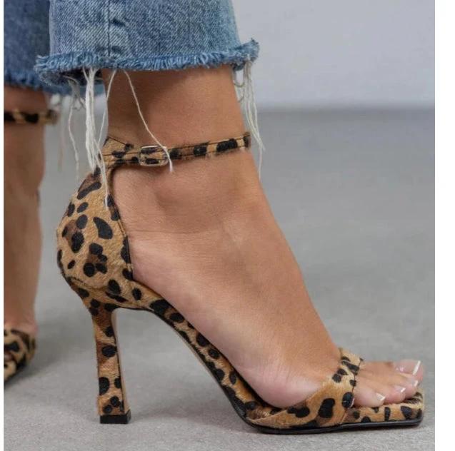 Square Toe Suede Open Toe Leopard Print Women's High-heeled Sandal by GJG Denim