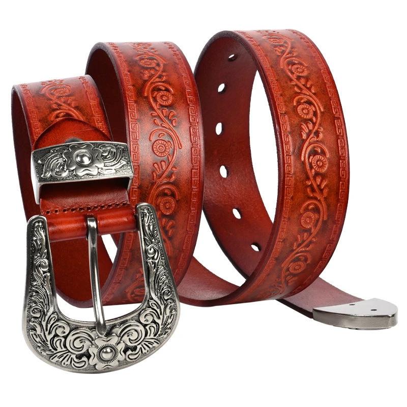 Men's Embossed First Layer Cowhide Mongolian Style Personalized Carved Belt by GJG Denim
