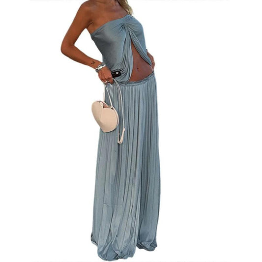 Sexy Vacation Style Tube Top Cropped Tank Top Loose Skirt Suit by GJG Denim