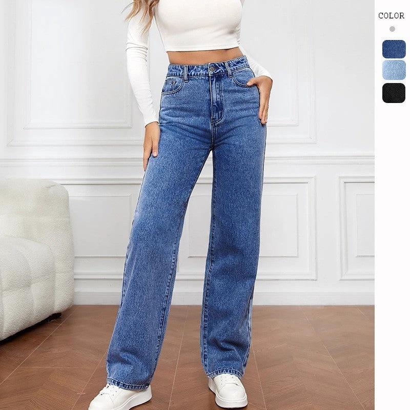 Washed Fashion Straight Jeans Women's Mid Waist by GJG Denim