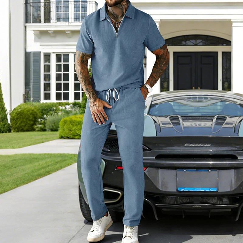 Men's Casual Corduroy Short-Sleeve Polo And Pants Set by GJG Denim