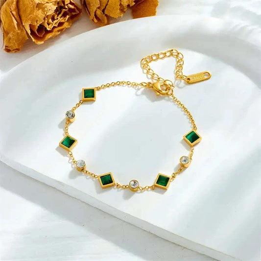Fashion Gold-plated Titanium Steel Square Emerald Inlaid Rhinestone Bracelet by GJG Denim