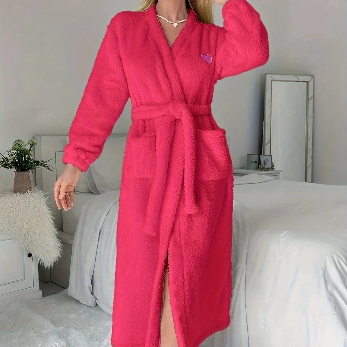 Thickened Long Section Lace-up Love Embroidered Warm Women's Robe by GJG Denim