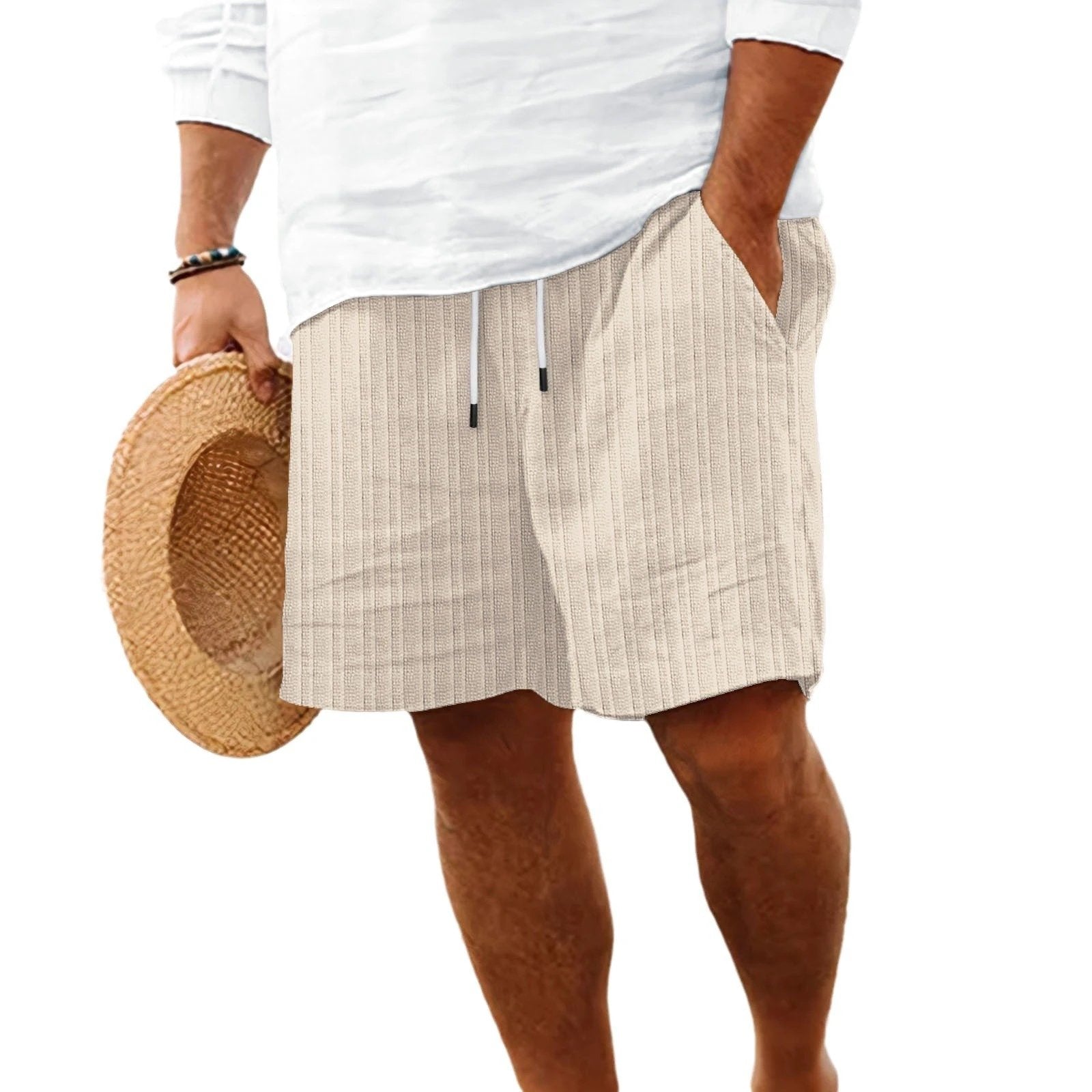 European And American Cotton And Linen Multi-bag Lace Men's Striped Beach Shorts by GJG Denim