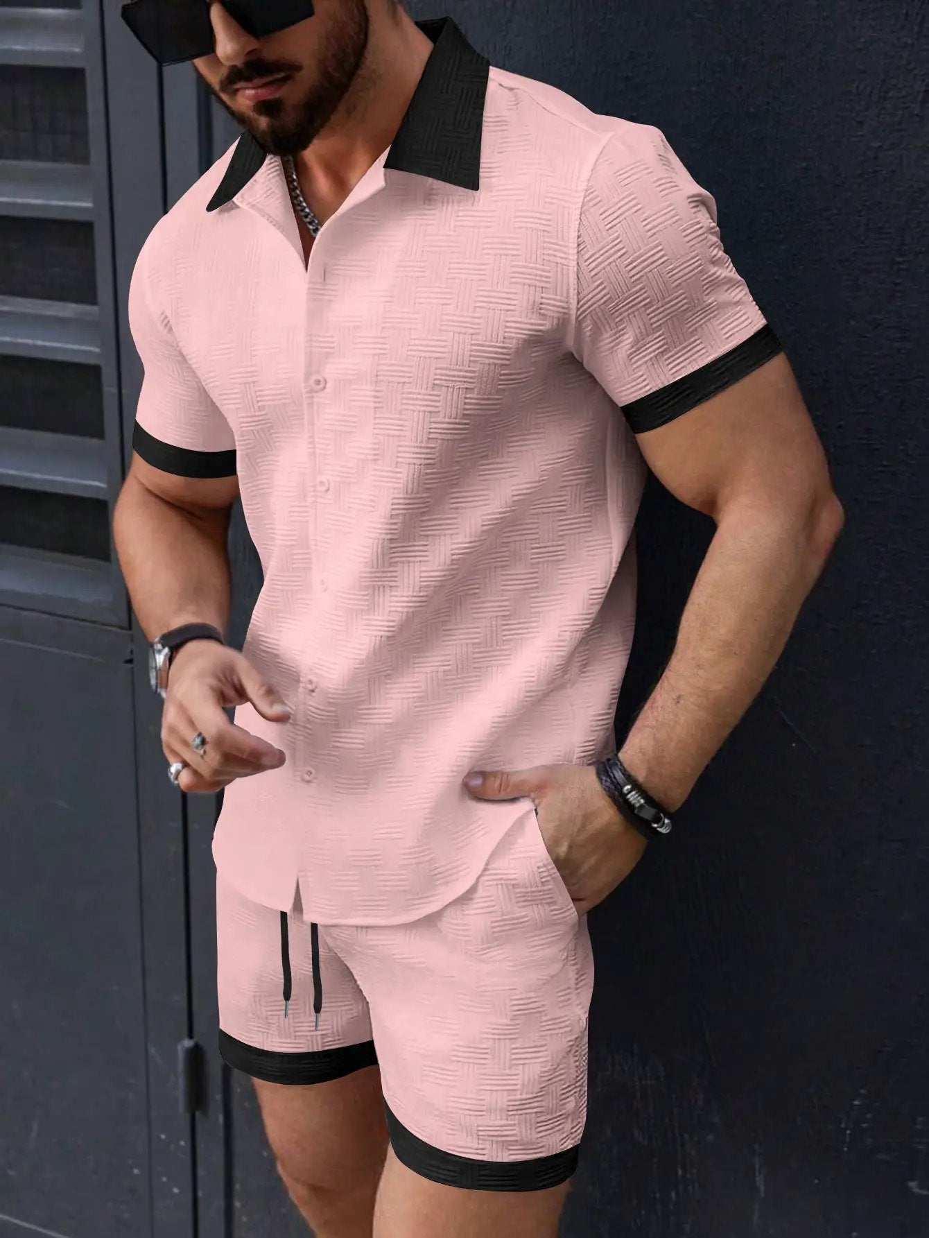 Mens Casual Color-Block Short-Sleeve Shirt And Shorts Beach Set by GJG Denim
