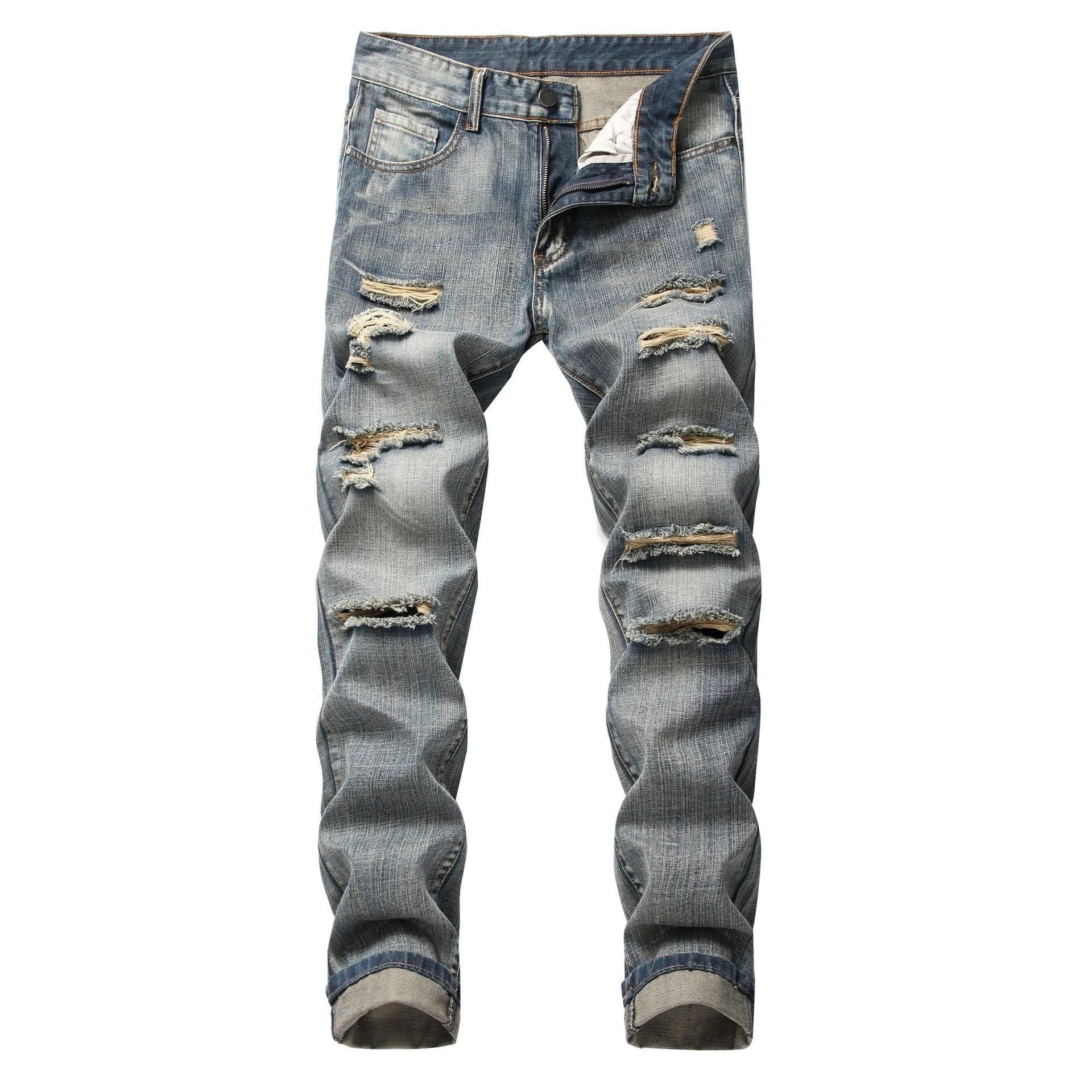 Men's Ripped Straight Slim Fit Non-stretch Jeans by GJG Denim