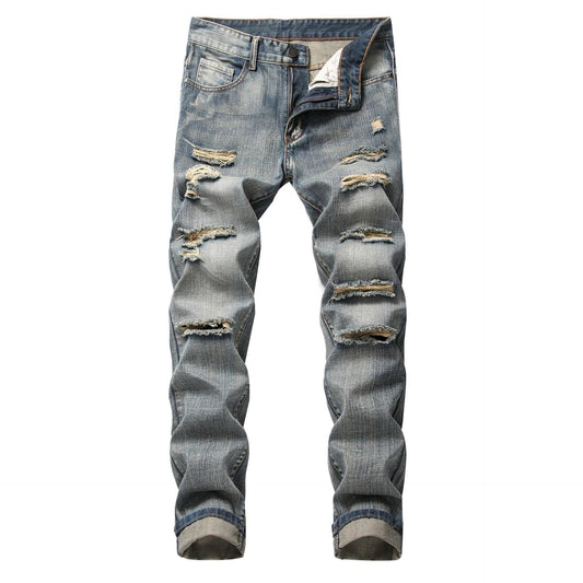 Men's Ripped Straight Slim Fit Non-stretch Jeans by GJG Denim
