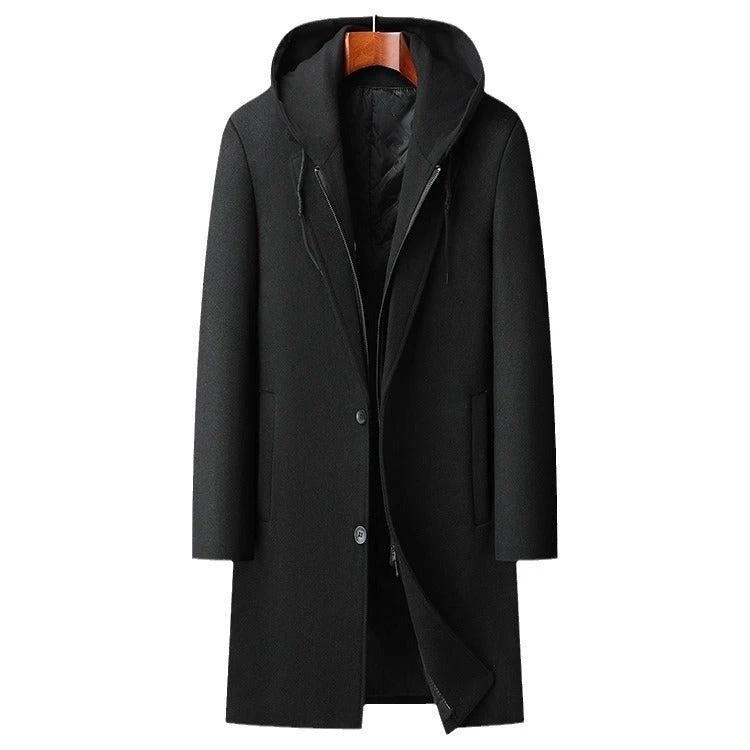 Men's Detachable Hooded Mid-length Woolen Trench Coat by GJG Denim