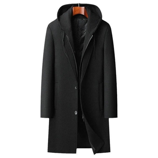 Men's Detachable Hooded Mid-length Woolen Trench Coat by GJG Denim