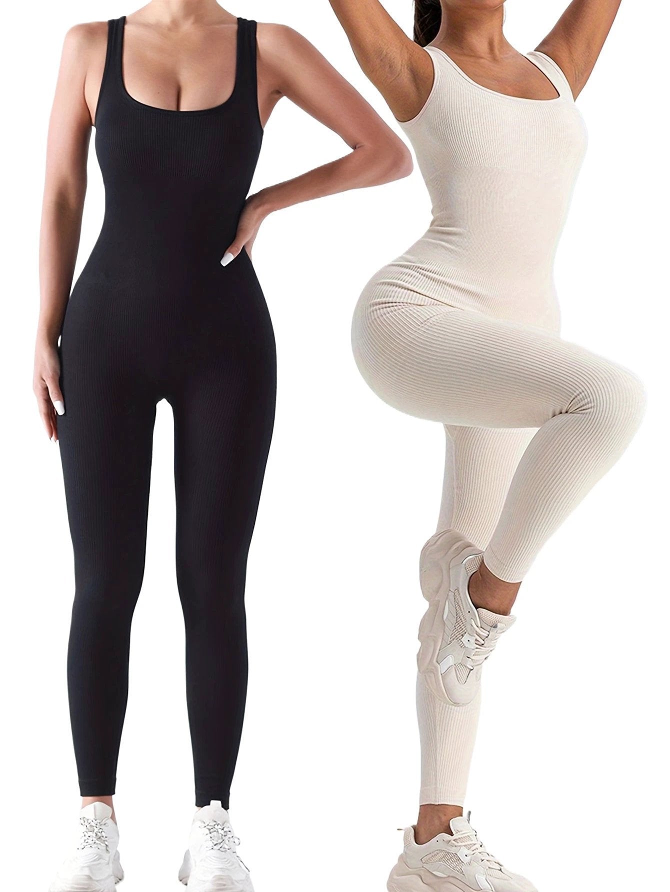 2 Pack Women's Ribbed Solid Color One-Piece Jumpsuit, Form-Fitting Sensual Activewear, Classic Sleeveless Full-Length Pants For Sport Casual Wear by GJG Denim