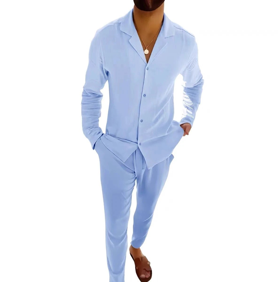 Casual Long-sleeved Suits Fashion Lapel Single-breasted Shirt Top And Slim-fit Trousers Men Clothing by GJG Denim