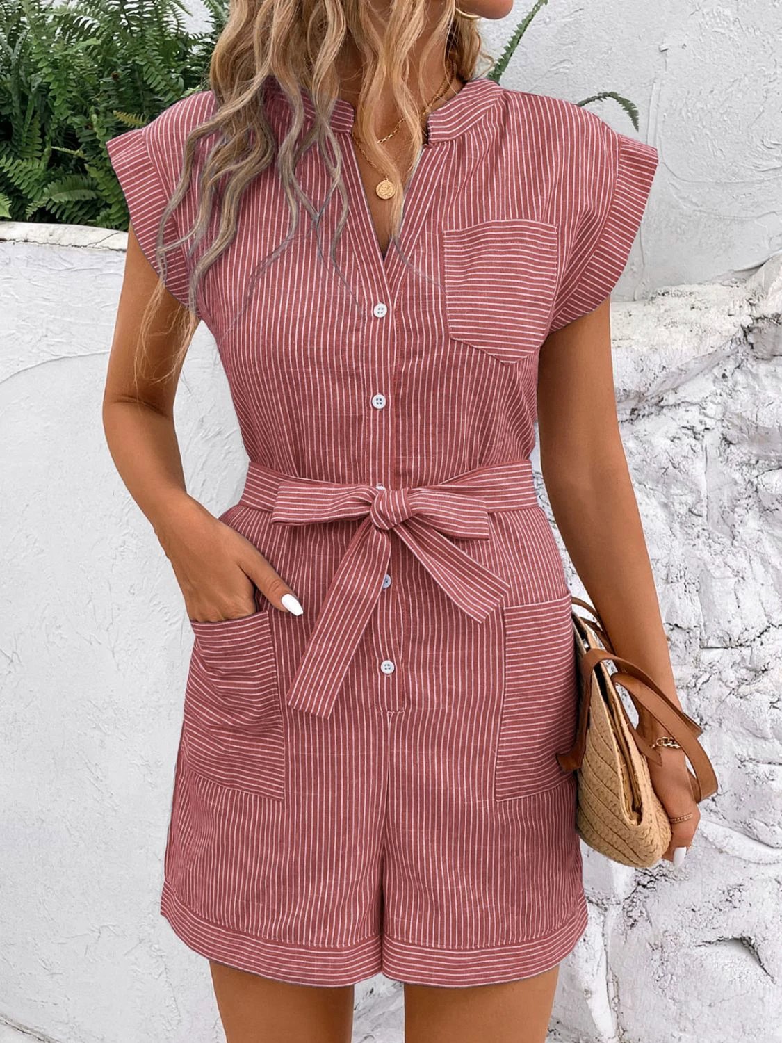 Striped Notched Tie Waist Romper by Lady Ros