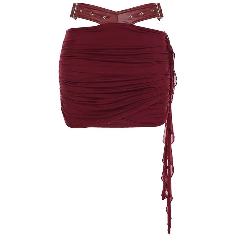 Lace-up Tube Top Leather Look Low Rise Hip Belted Skirt Set by GJG Denim