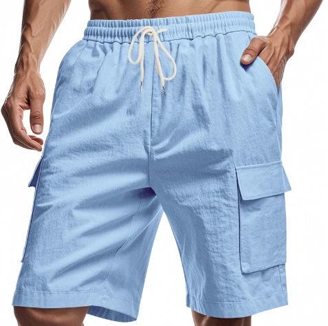 Loose Sports And Leisure Solid Color Linen Drawstring Shorts by GJG Denim
