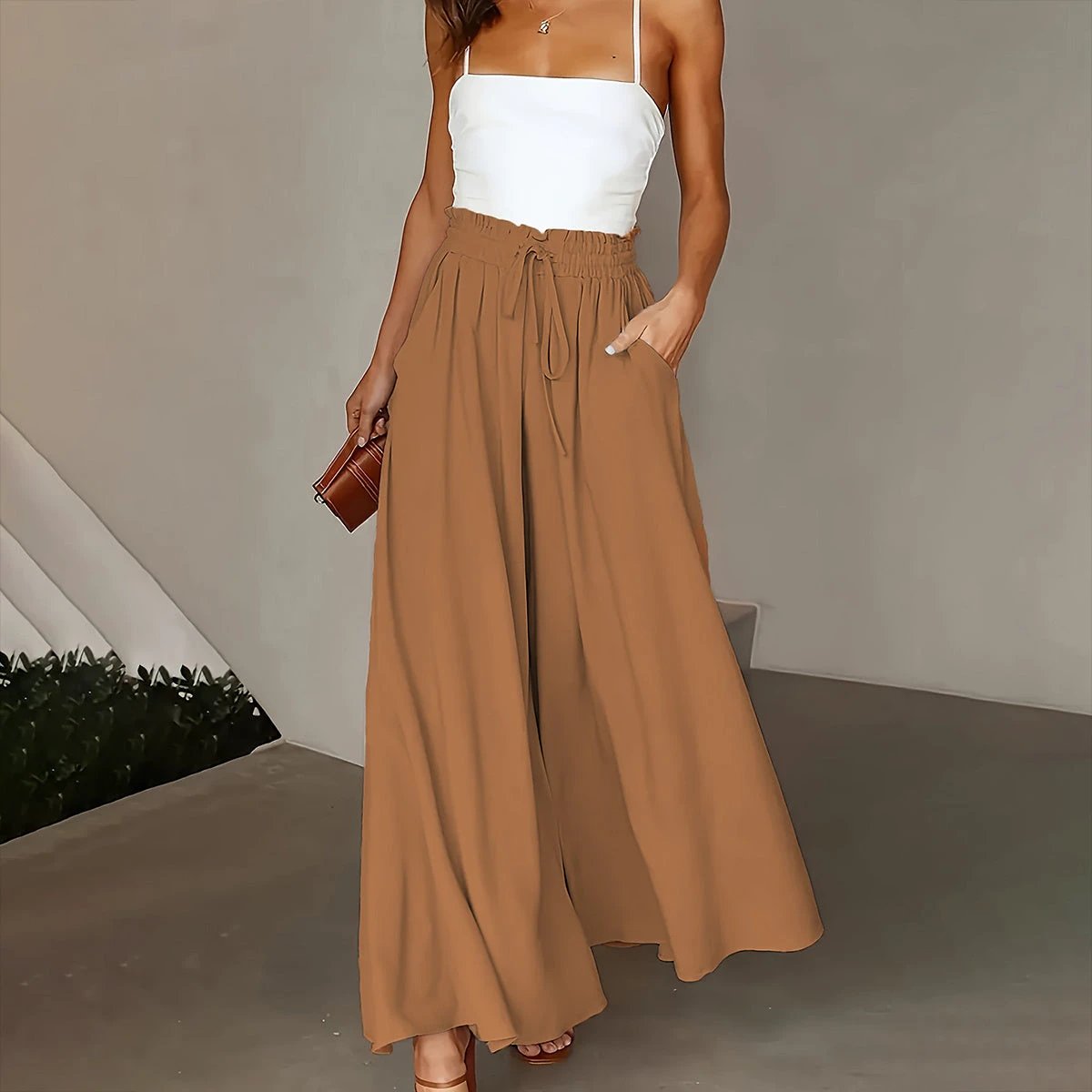Plus Size Wide Leg Pants - Stylish Solid Paper Bag Waist Design, Elegant Pocket Tie Front, Loose Fit For Comfort, Perfect For Spring & Summer, Women's Fashionable Clothing For Curvy Figures by GJG Denim