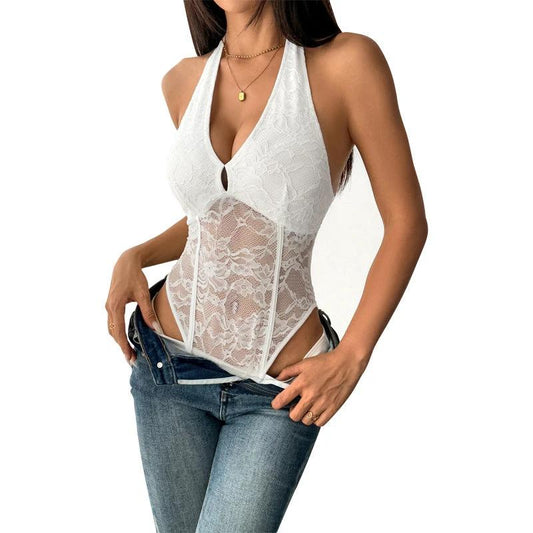 Women's Pure Color Halter Casual Bodysuit by GJG Denim