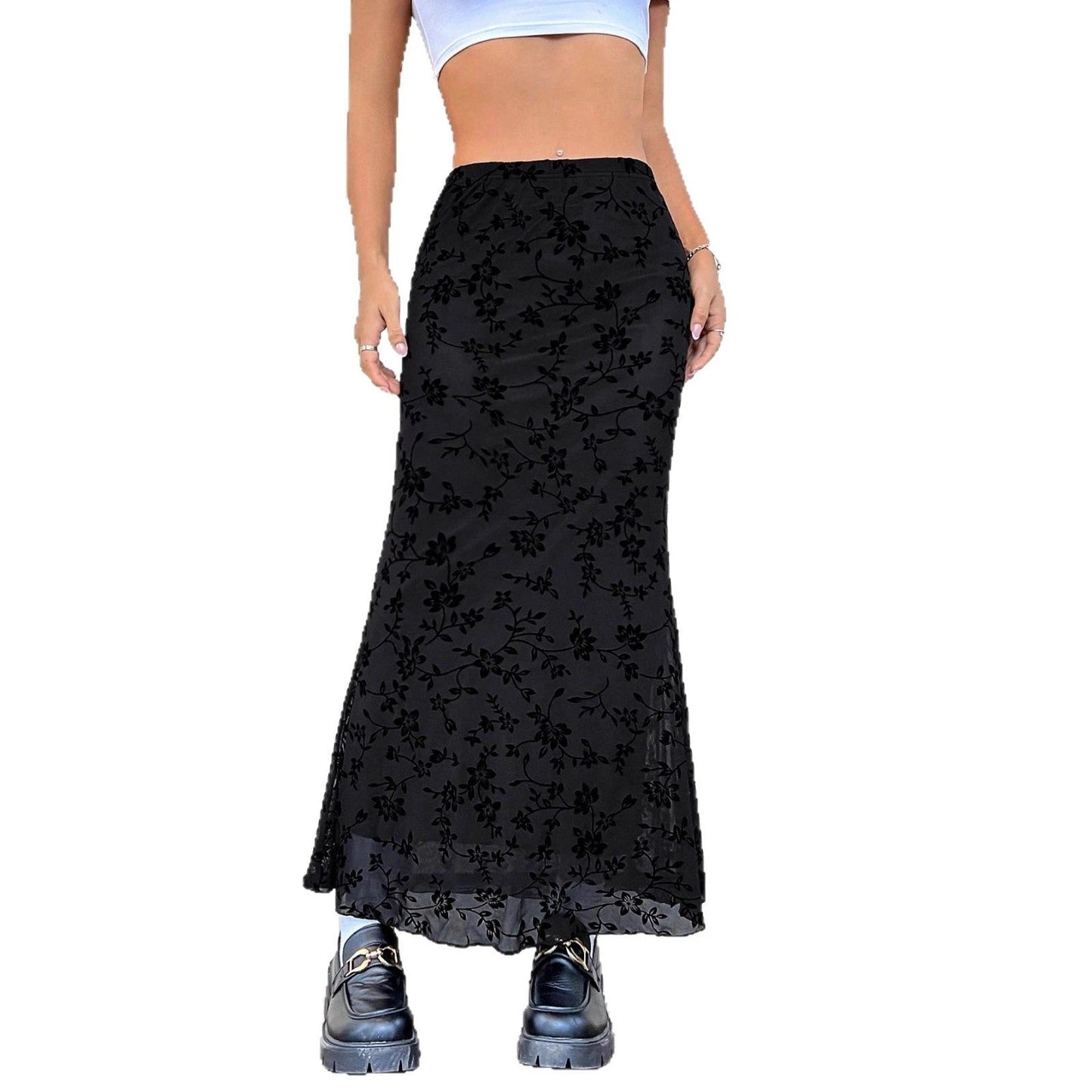 Dark Green Floral Half-length Fishtail Skirt For Women by GJG Denim