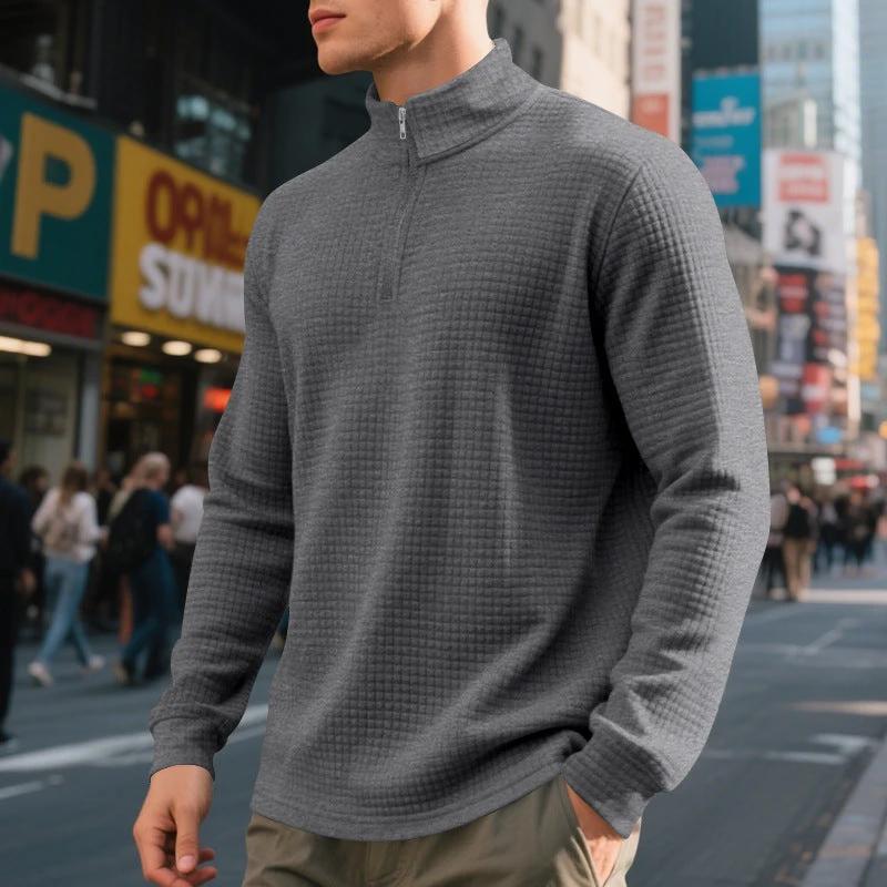 Men's Stand Collar Half Zip Small Plaid Sweater by GJG Denim