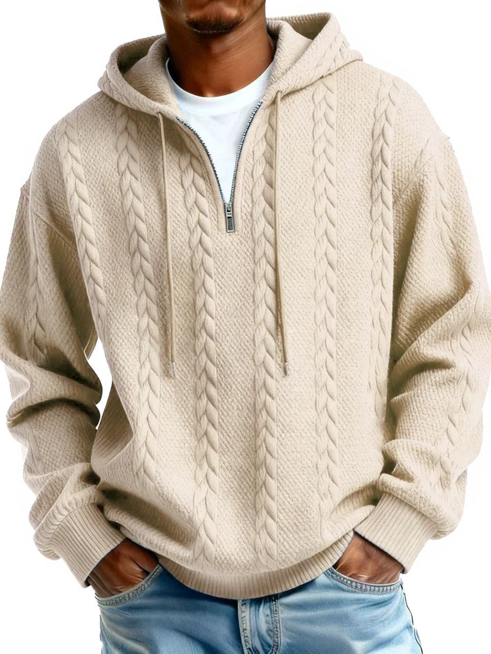 Men's Half-zip Hooded Sweatshirt With Long Sleeves by GJG Denim
