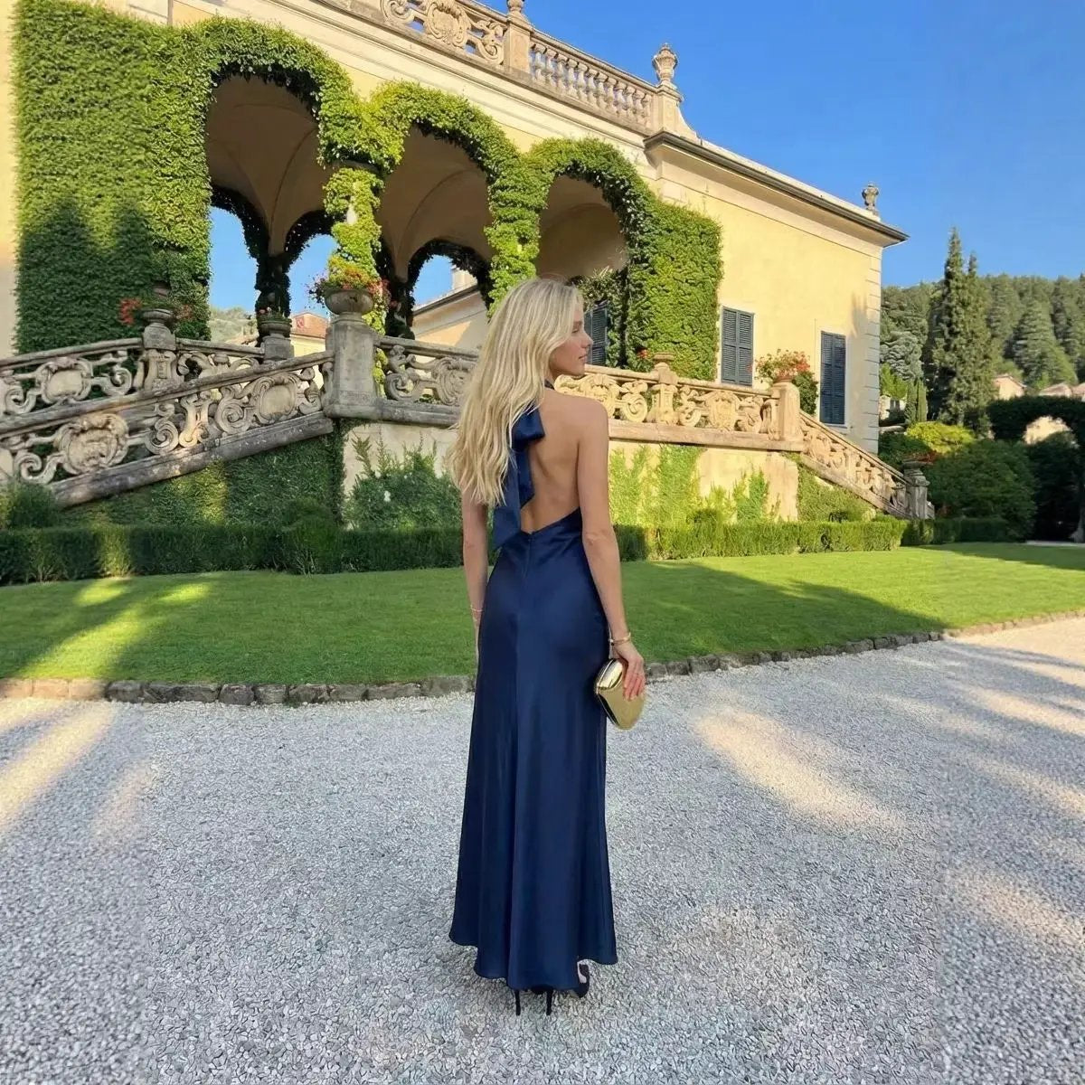 Satin V-neck Backless Bow-tied Mermaid Long Dress by GJG Denim