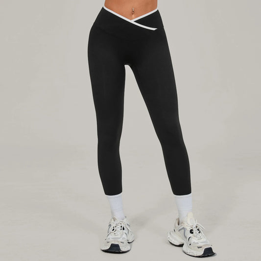Bare-feel Tight Cross-over High-waist Contrast-color Leggings by GJG Denim