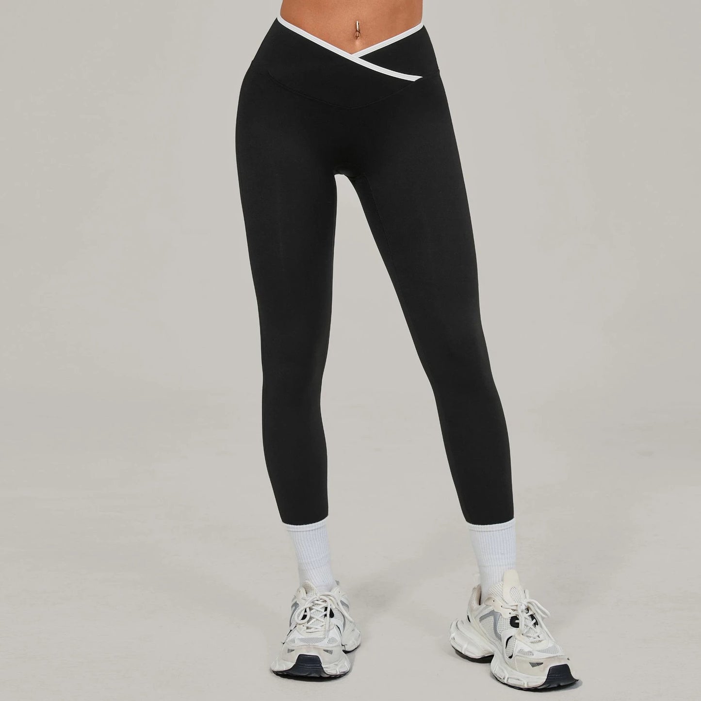 Bare-feel Tight Cross-over High-waist Contrast-color Leggings by GJG Denim
