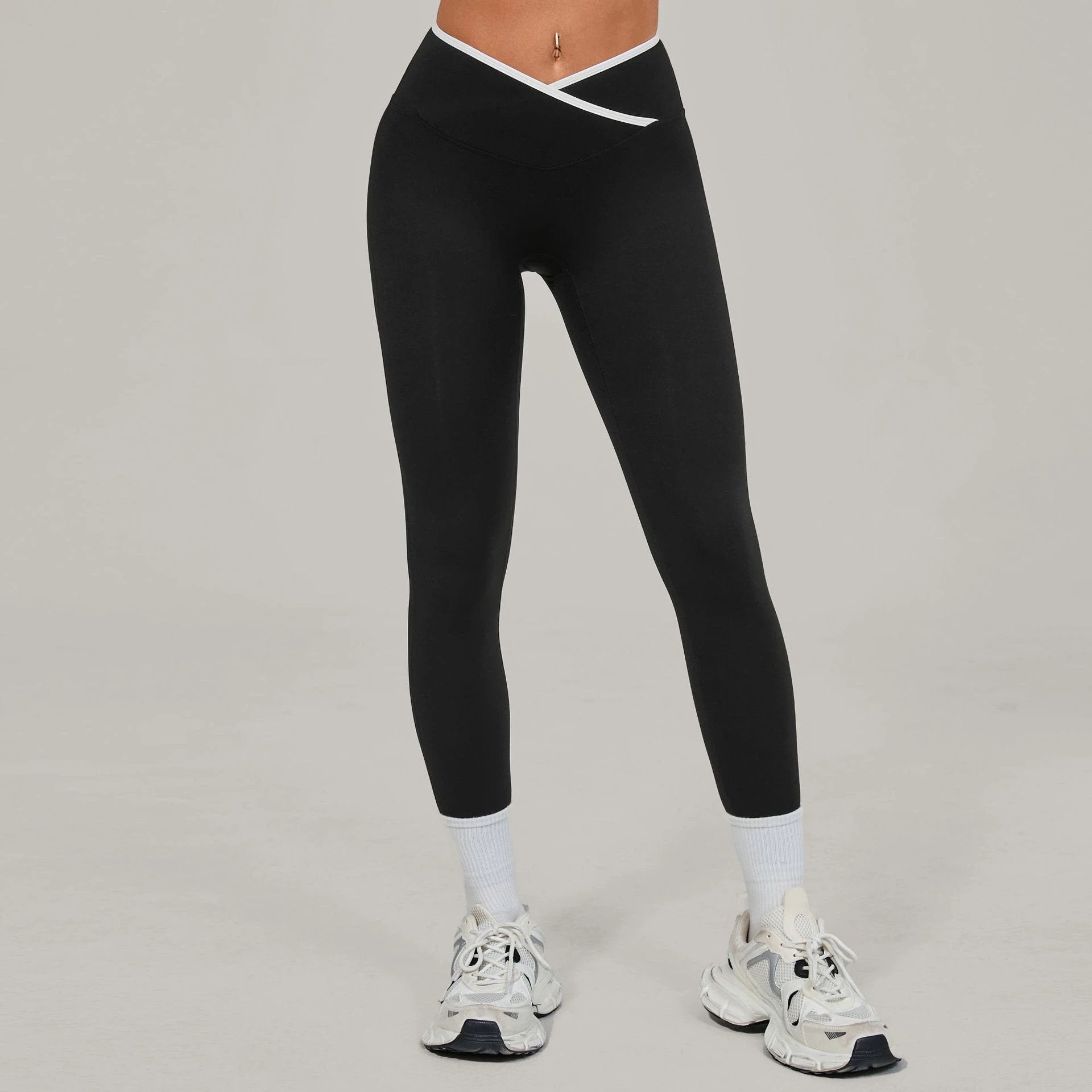 Bare-feel Tight Cross-over High-waist Contrast-color Leggings by GJG Denim