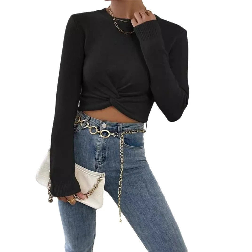 Round Neck Design Cross Knitted Top Sweater For Women by GJG Denim