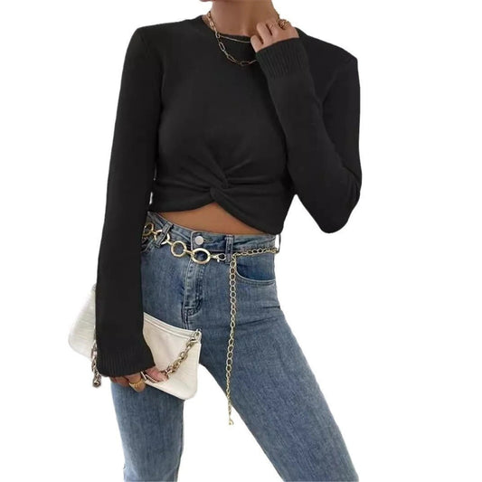 Round Neck Design Cross Knitted Top Sweater For Women by GJG Denim