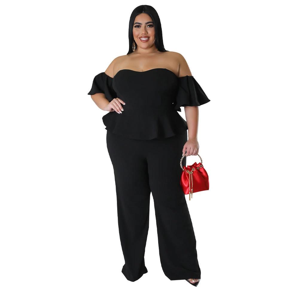 Sexy Off-shoulder Short-sleeve Wide-leg Stretch Jumpsuit by GJG Denim