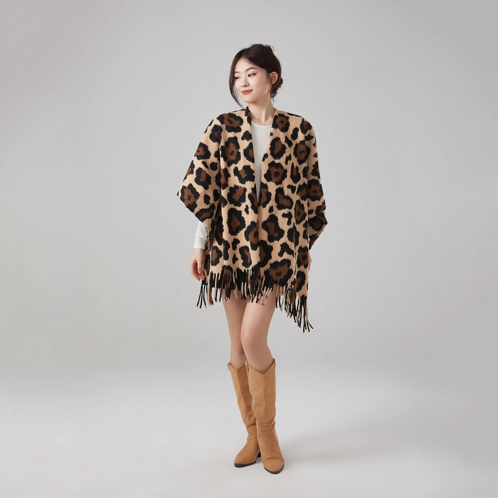 Thick Warm Vintage Leopard Print Tassel Shawl by GJG Denim