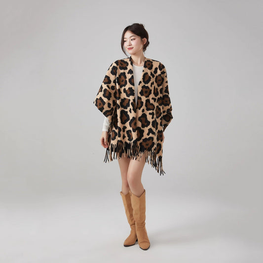 Thick Warm Vintage Leopard Print Tassel Shawl by GJG Denim