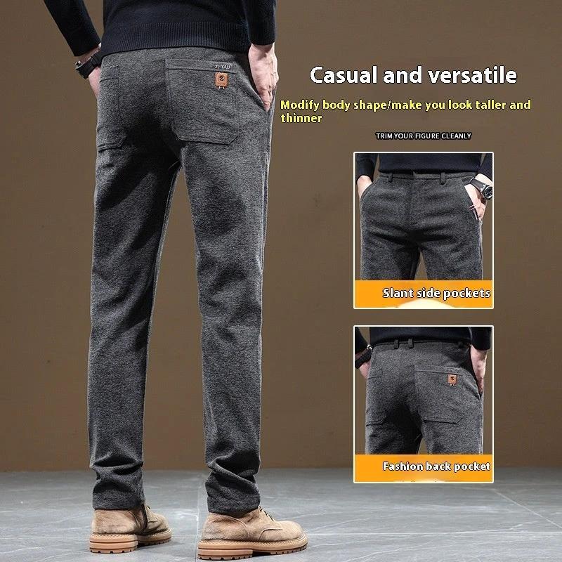 Men's Slim Fit Straight Fleece-lined Thick Business Casual Pants by GJG Denim