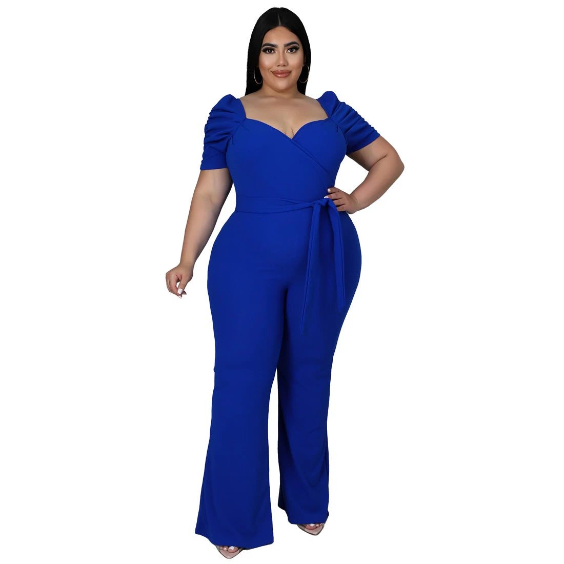 Women's Plus-Size Stand Collar Ruffle Sleeve High-Waist Jumpsuit Wide-Leg Pants by GJG Denim