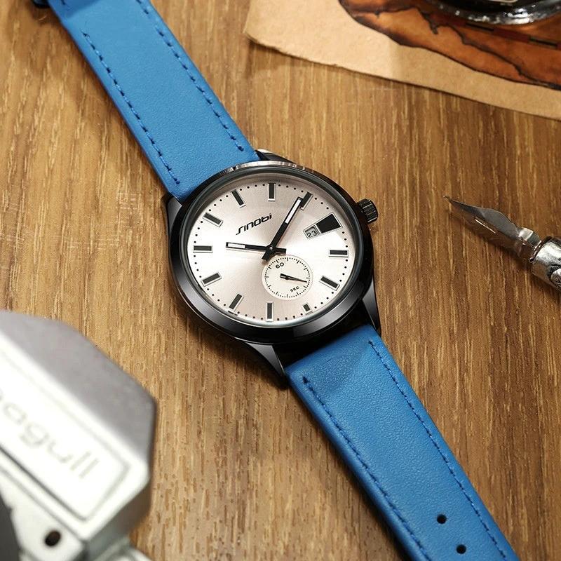 Men's Casual Leather Strap Business Quartz Watch by GJG Denim
